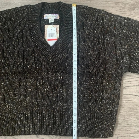 Band of The Free Lurex Oversized V-neck Cable Knit Sweater Size XS - Black - NWT - Picture 6 of 8